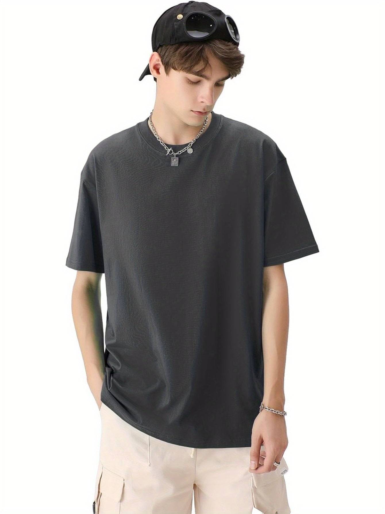 3pcs Men’s Oversized Crew Neck T-Shirts, Unisex Solid Color Cotton Tops with Short Sleeves, Lightweight & Breathable