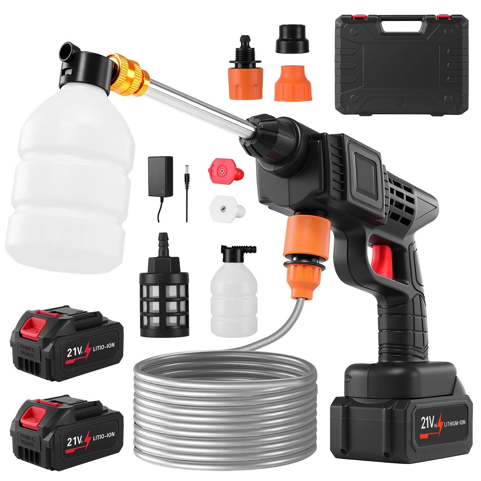 Wireless High-Pressure Car Washer Rechargeable Portable Cleaning Tool with Foam Spray Gun Includes 2×15000mAh Batteries & Toolbox for Indoor & Outdoor Use