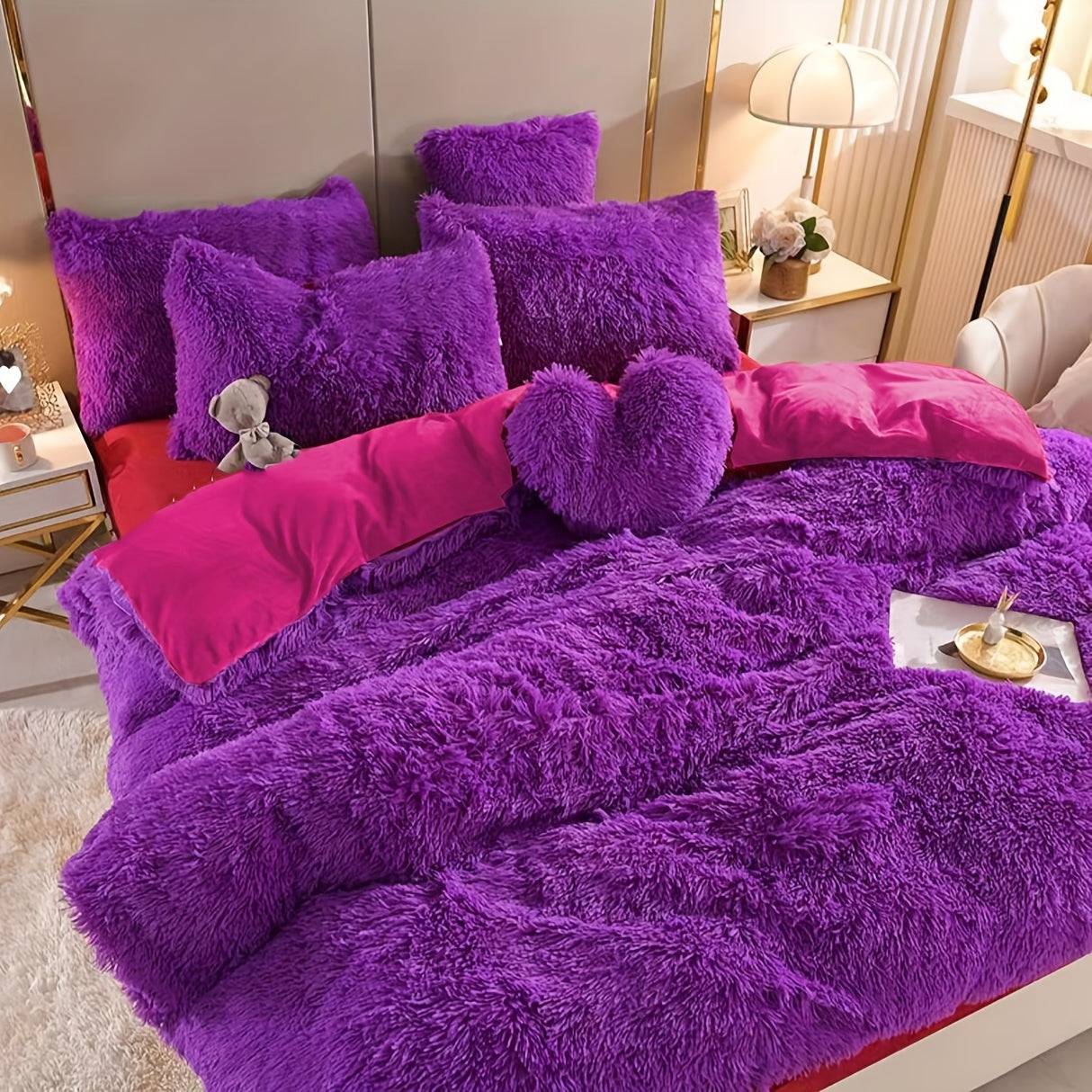 4-Piece Fluffy Bedding Set, Soft Comforter Set with Duvet Cover, Bed Sheet and 2 Pillowcases, Queen/King Size