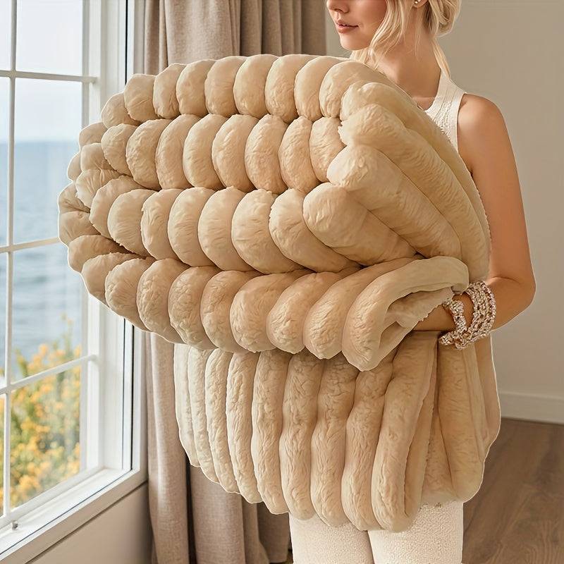 Plush Throw Blanket for 2-Seater Sofas – Ultra-Soft Beige Striped Fleece, All-Season, Elastic Fit for Living Room & Bedroom