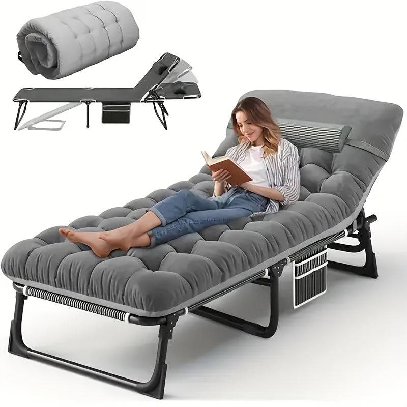 4-Position Adjustable Folding Camping Bed with Mattress & Pillow, Portable Outdoor Single Bed with Steel Frame & Breathable Fabric