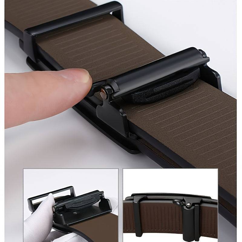 Men’s Faux Leather Belt with Automatic Alloy Buckle, Adjustable Business & Casual Sliding Belt, Black