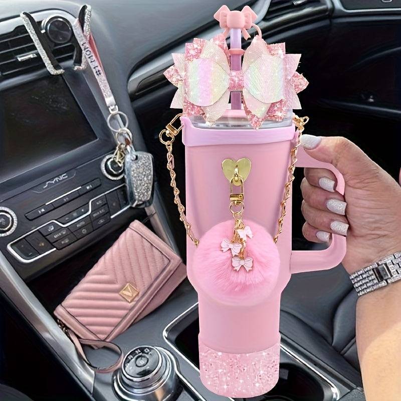 Bling Cup Accessories Set for 40oz & 30oz Tumblers, Silicone Bow Straw Topper, Cup Boot, Handle Strap and Decorative Charms (No Cup)