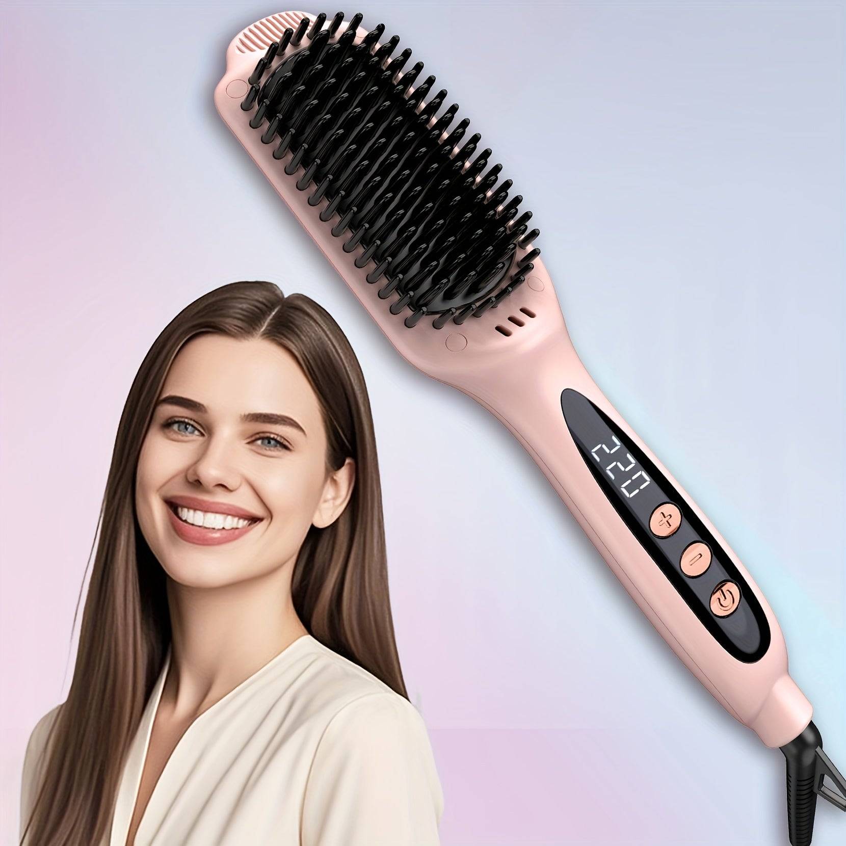 Hair Straightener Brush with Ionic Technology, Ceramic Heated Comb with 12 Temps & Dual Voltage, Flat Iron Brush for Thick Curly Hair, Rose Gold