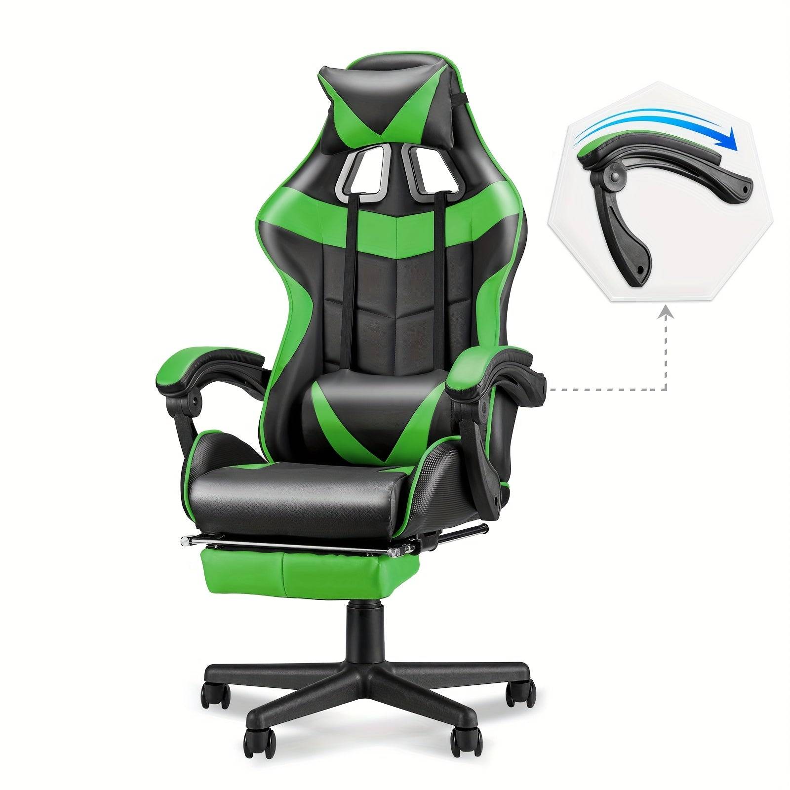 Green ergonomic gaming chair with massage and retractable footrest, featuring adjustable armrest mechanism for comfort.