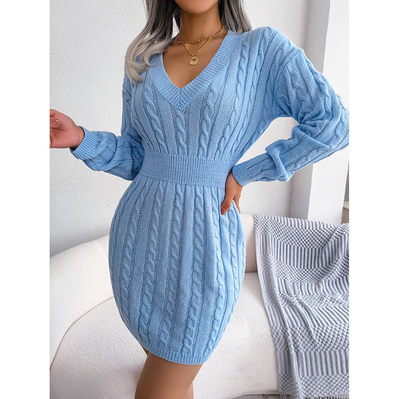 Dress V Neck Long Sleeve Bodycon Sweater Mini