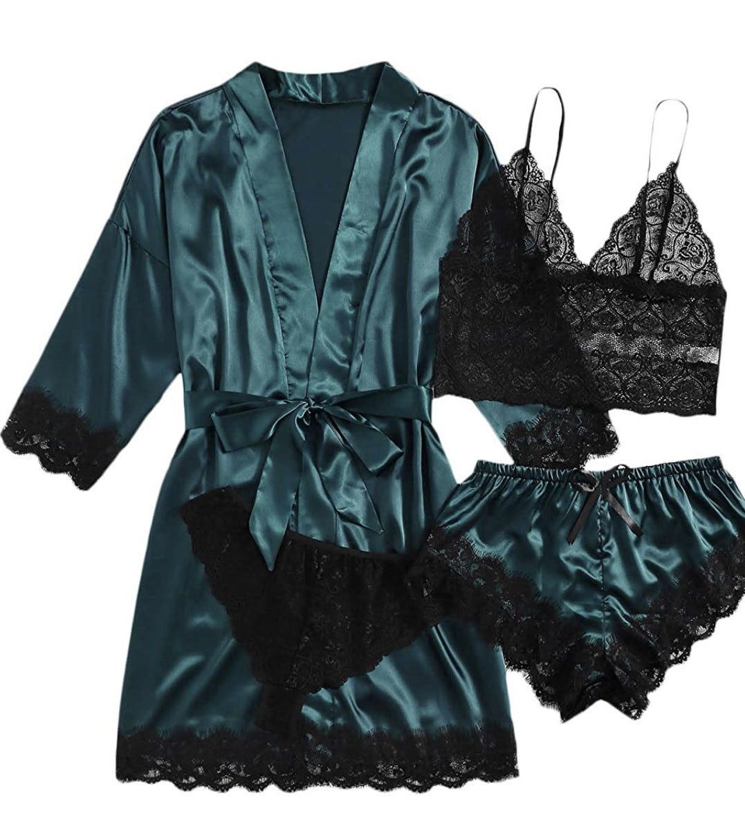 Womens Satin Pyjamas Four Piece Loungewear Sleep Set