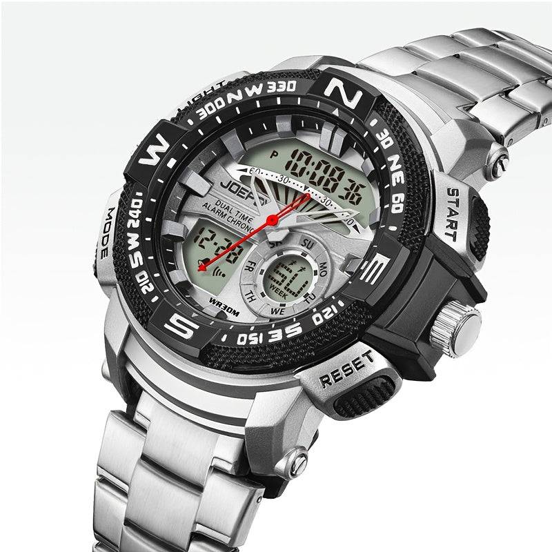 Men’s Gold-Tone Sport Watch – Dual Digital & Analog Display, LED Face, Stainless Steel Band, Stopwatch, Alarm & Calendar Function