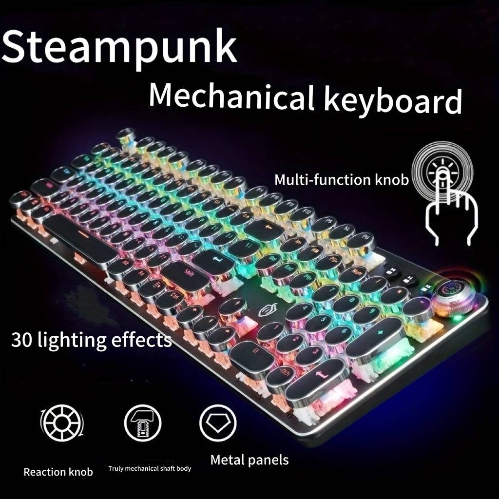 Typewriter-style mechanical gaming keyboard and mouse set with LED backlight, round keys, volume knob, dynamic lights