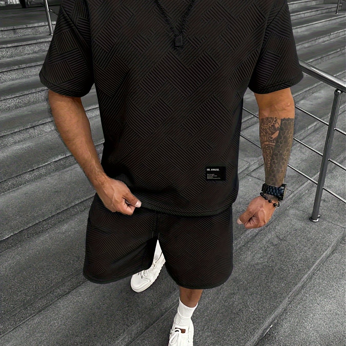 Men's Summer Two-Piece Set, Dark Stripe Texture Short Sleeve Shirt and Matching Shorts, Casual Polyester Outfit for Beach or Daily Wear