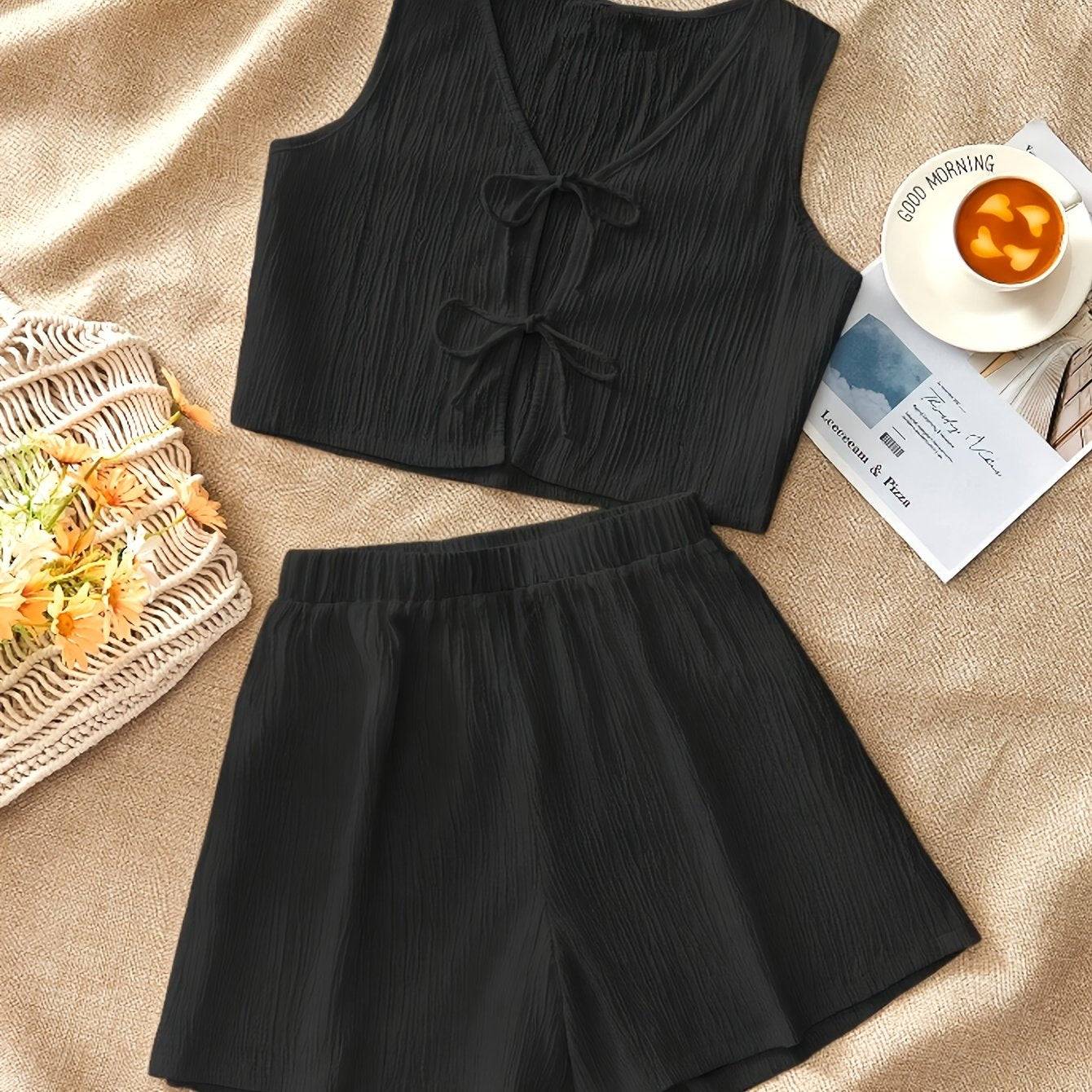 Women’s Casual Two-Piece Set with V-Neck Sleeveless Top & Shorts, Breathable Solid Color Outfit for Elegant Spring & Summer Style