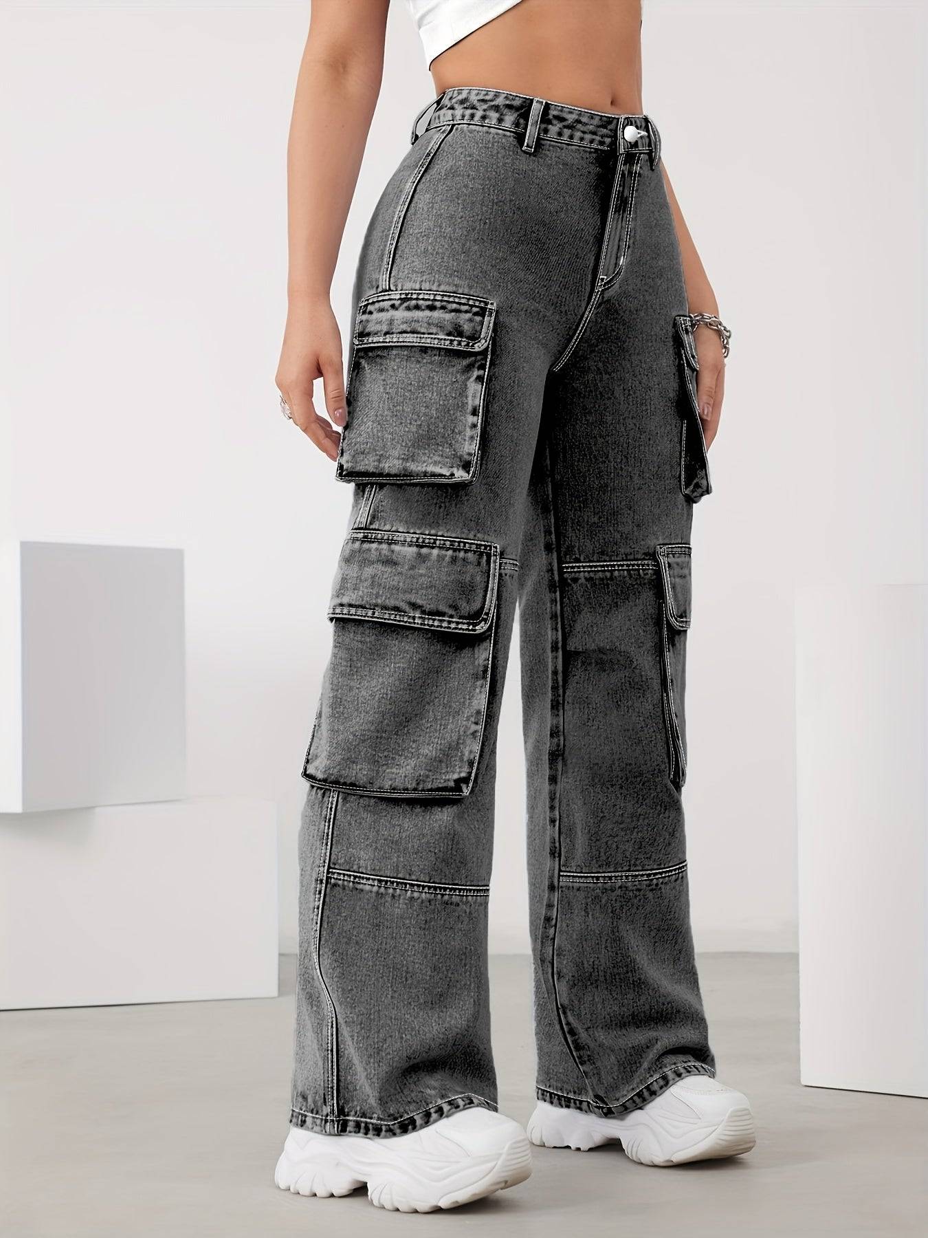 Plus Size Women’s Straight-Leg Jeans Elastic High Waist Dark Gray with Organ Pocket Design