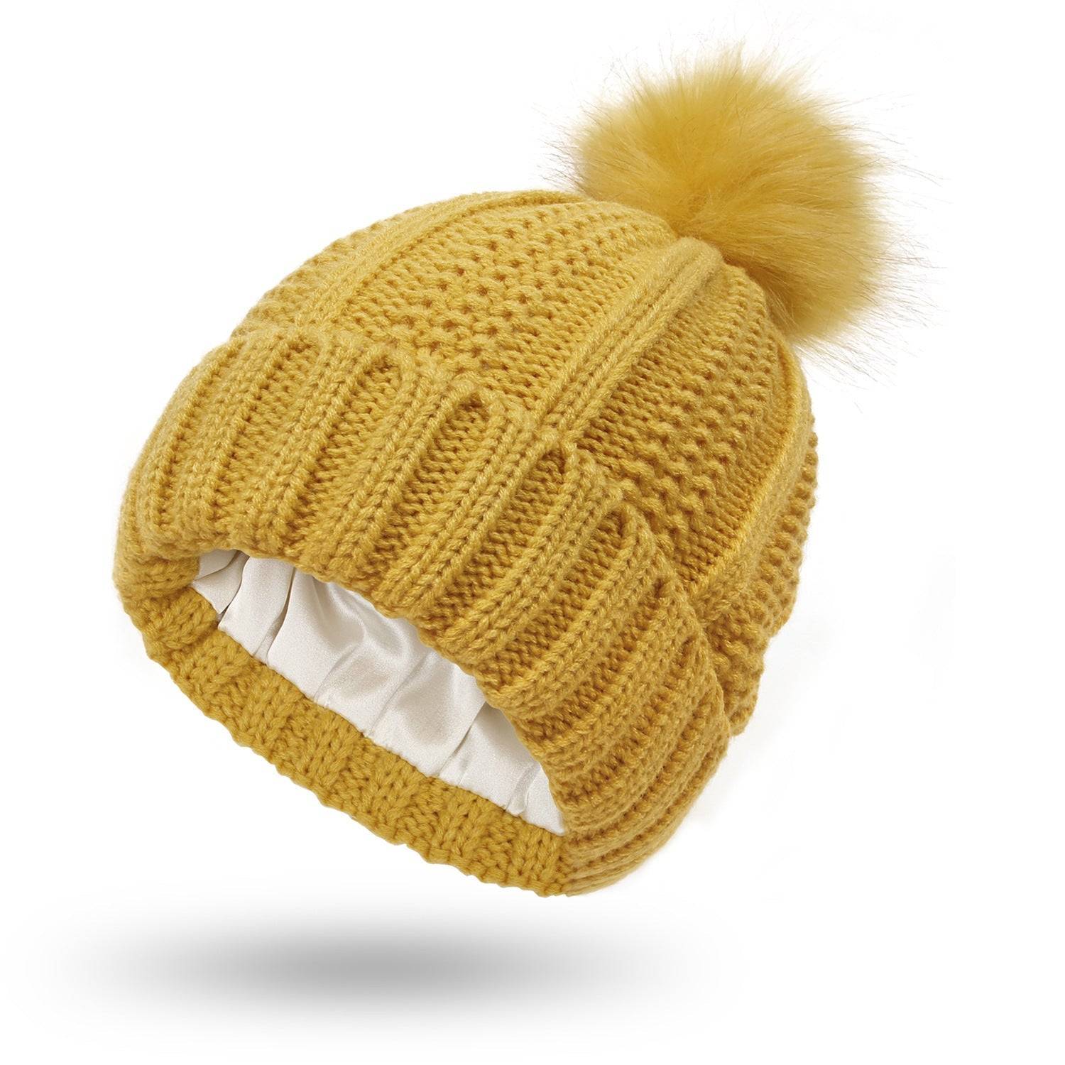 Womens Winter Hat Satin Lined Knit Beanie with Fur Pom