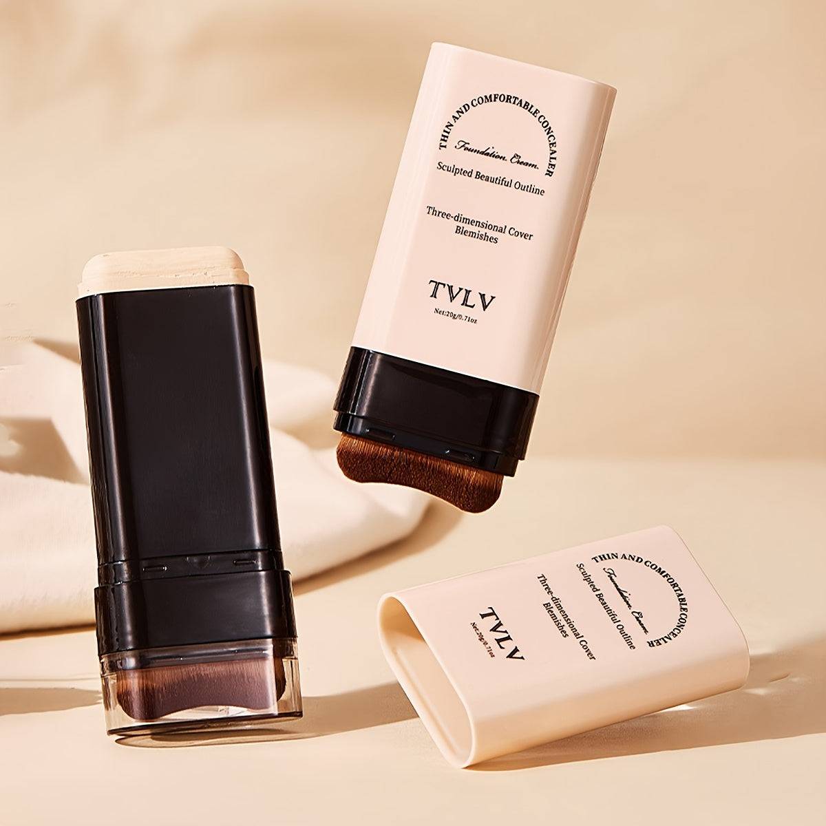 Full Coverage Concealer Stick Foundation with Built-In Brush, Matte Long-Lasting Makeup Stick for Smooth Face Finish, Light Beige
