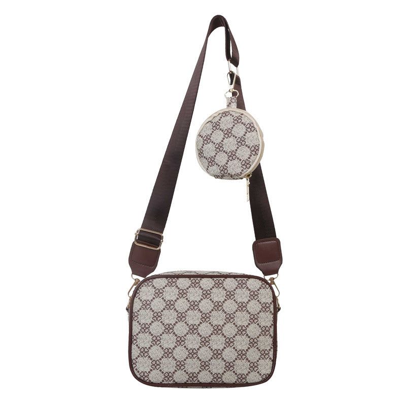 Women’s Vintage Crossbody Bag PU Leather Plaid Shoulder Handbag with Small Square Purse Set