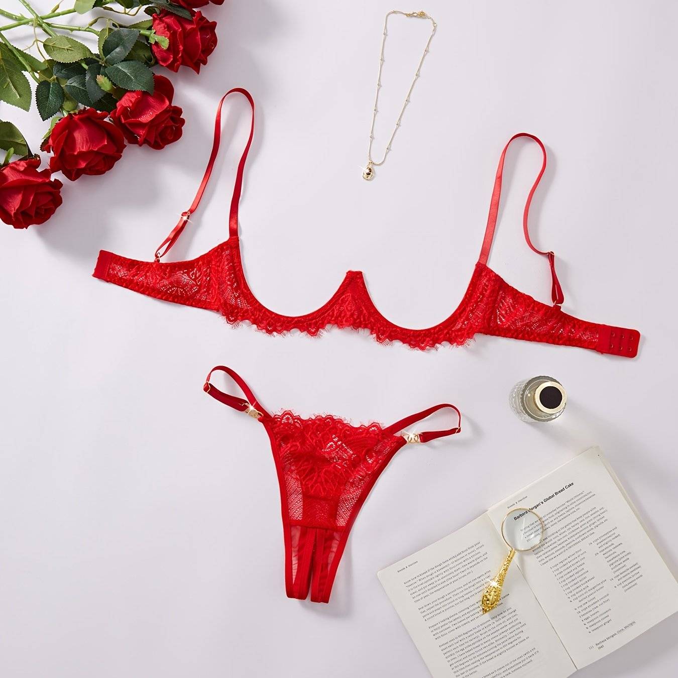 Women's Hollow-Out Lace Lingerie Set – Intricate Design in Red, Pink & White, Comfortable Matching Set