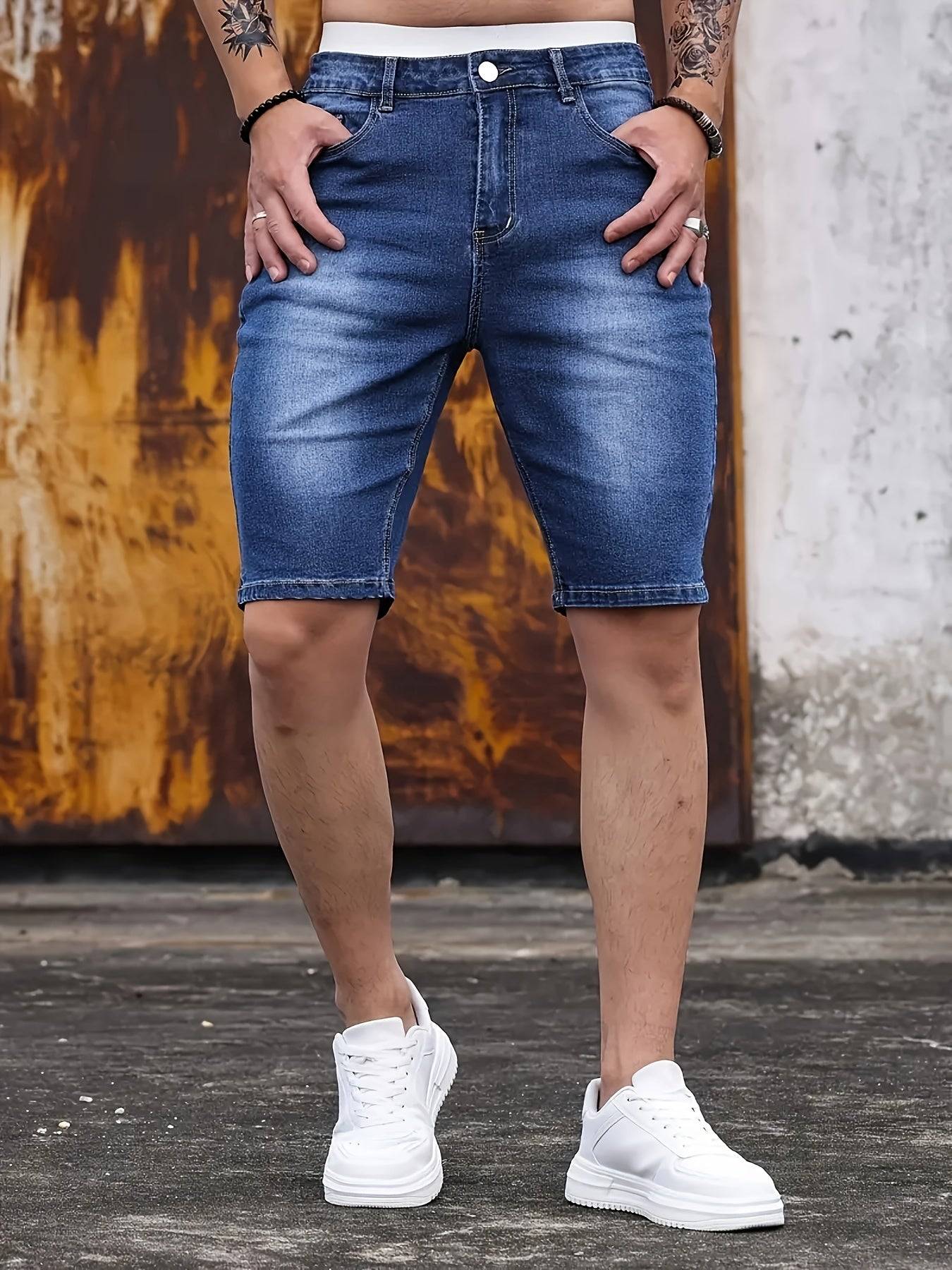 Men’s Slim Fit Dark Blue Denim Shorts Knee-Length Straight Leg Multiple Pockets Mid-Stretch Fabric for Outdoor & Casual Wear