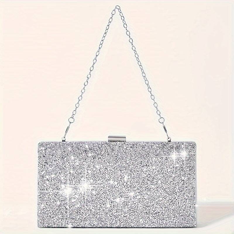 Sparkling silver rhinestone clutch with chain strap from the Luxury Evening Bag & Jewelry Set for formal events and parties.