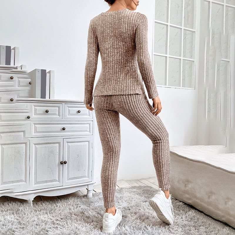 Matching Set Ribbed Knit Long Sleeve Top and Pants