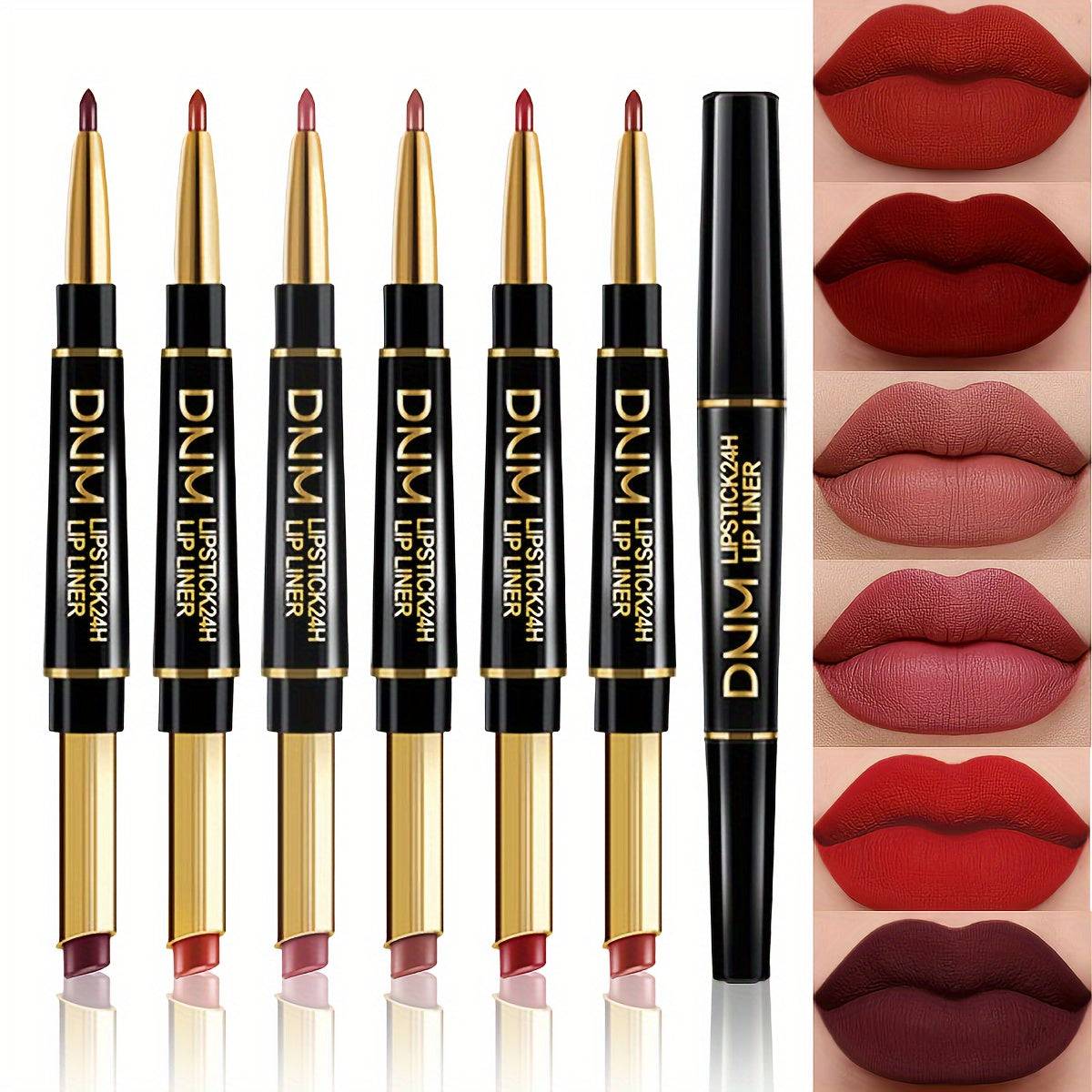 6pcs Matte Lipstick & Lip Liner Set Double-Ended Waterproof Pencils Nude to Red Shades for All-Day Wear