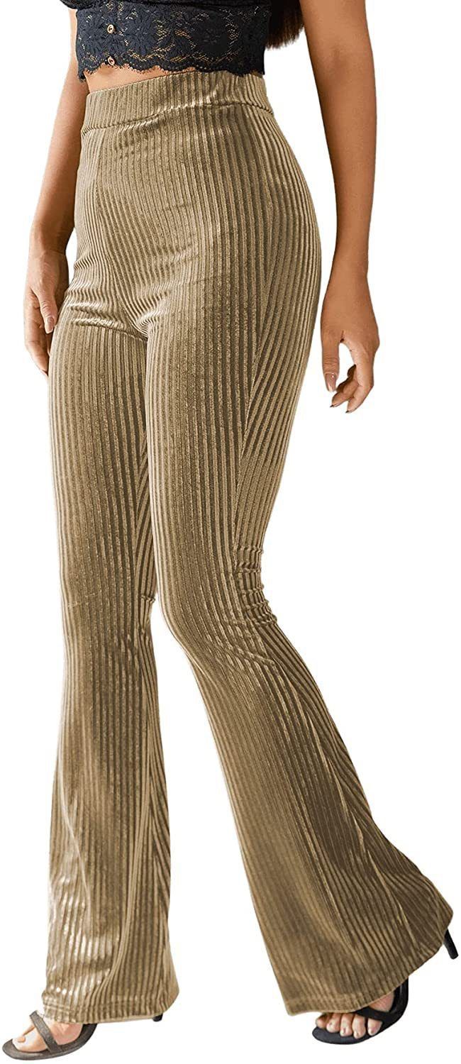 Women’s High Waist Flare Pants Gold Velvet Ribbed Striped Solid Color Slim Fit Trousers