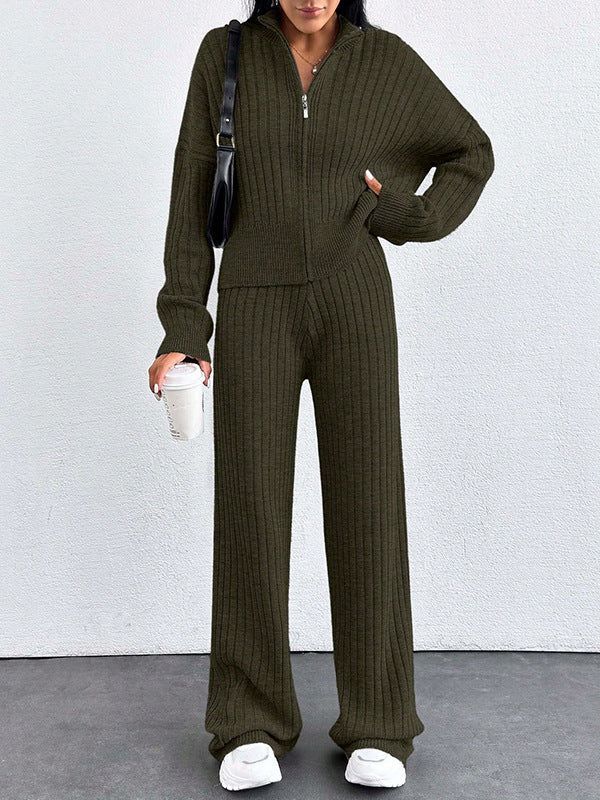 Women's Casual Two-Piece Set for Fall and Winter, Loose Fit Zip-Up Top and Pants
