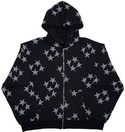 Stars Printed Zipper Hooded Cardigan Street Fashion Unisex