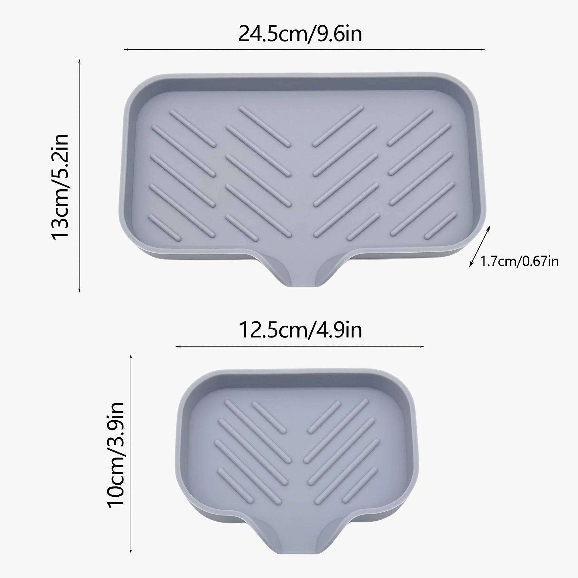 Dimensions of silicone sink tray in two sizes, large and medium, with anti-slip base and drainage spout for kitchen and bathroom use.