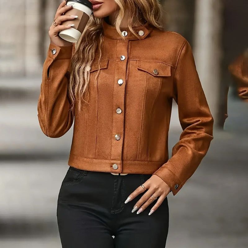 Womens Faux Suede Cropped Jacket with Stand Collar