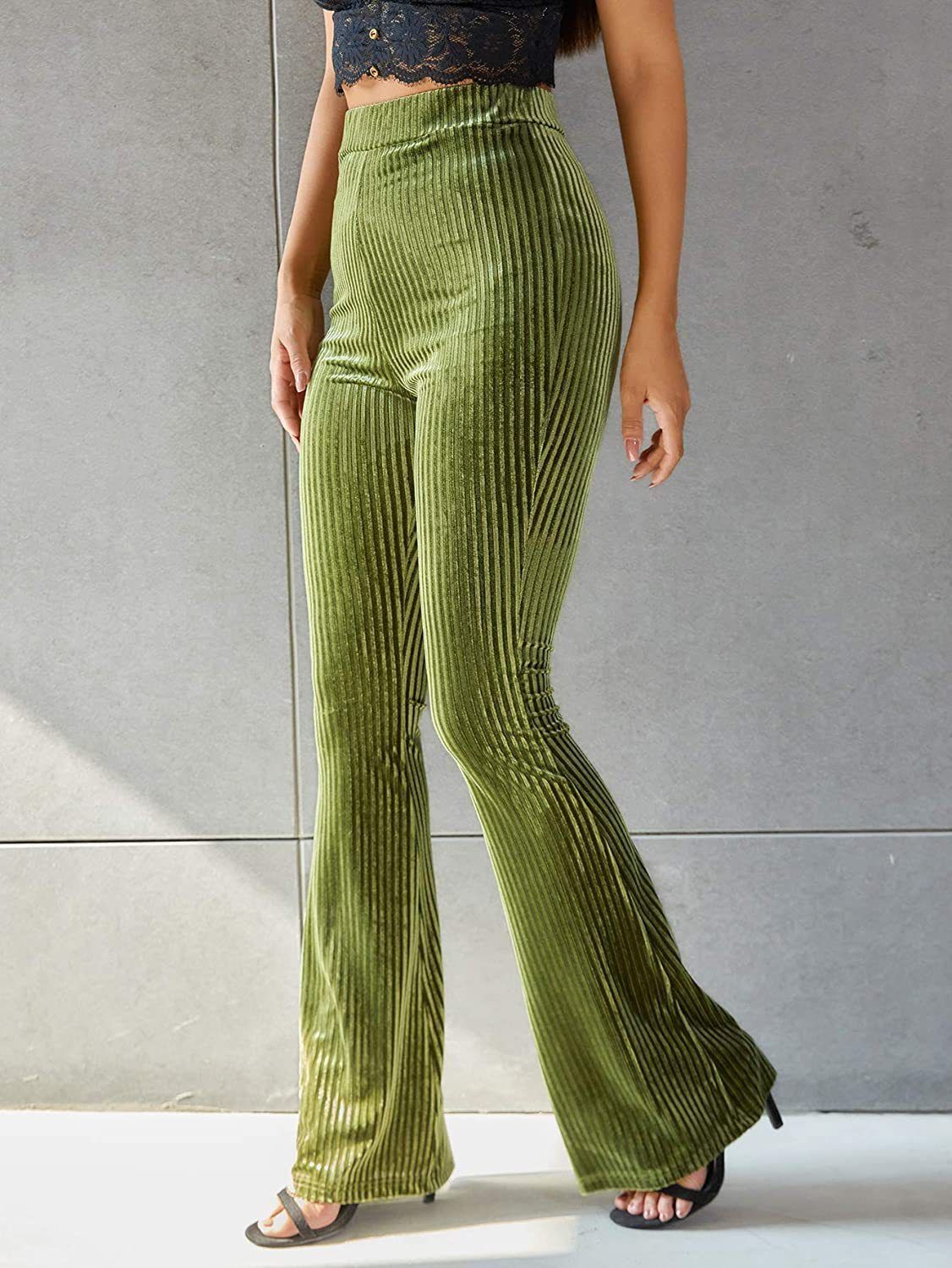 Women’s High Waist Flare Pants Gold Velvet Ribbed Striped Solid Color Slim Fit Trousers