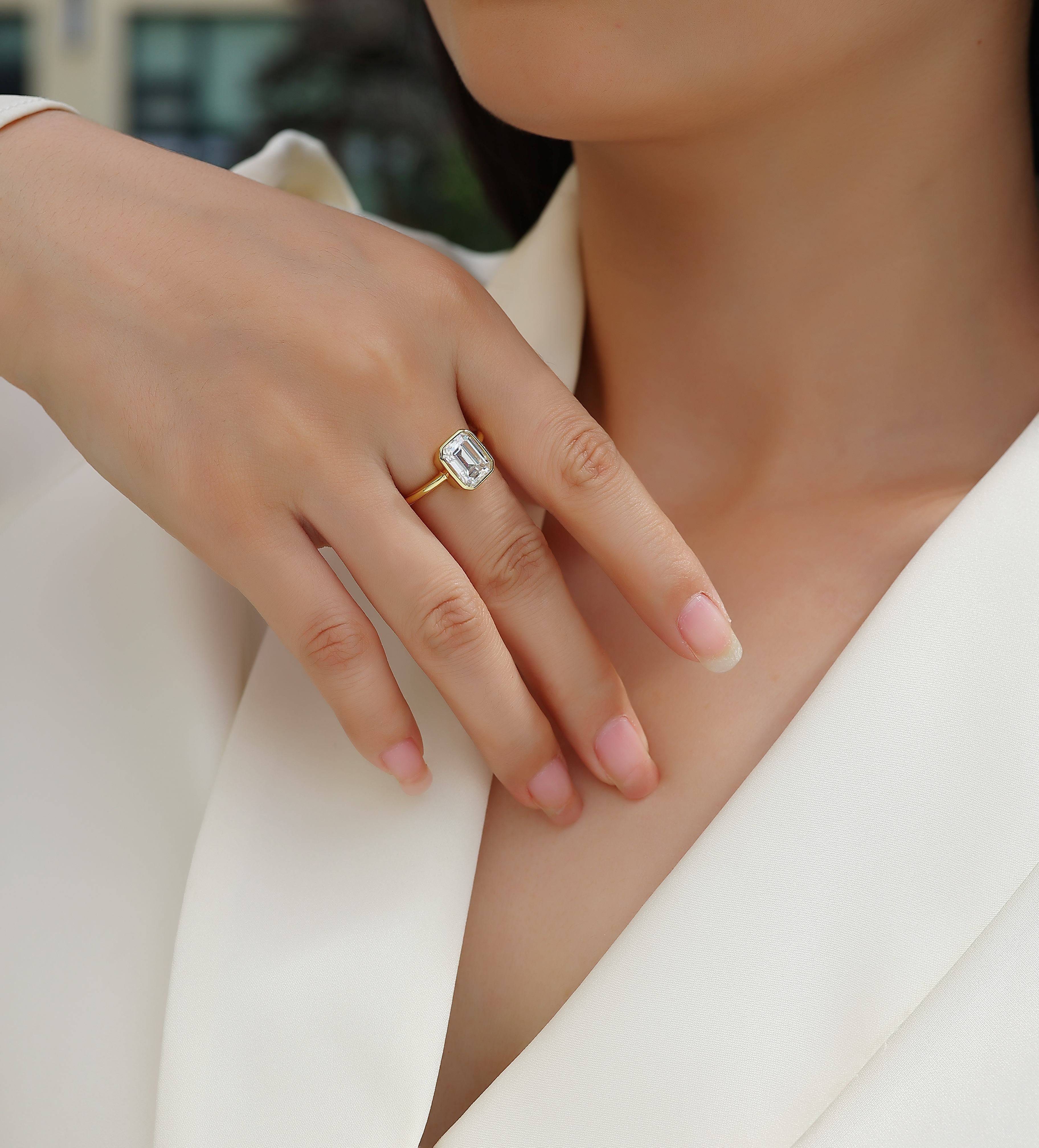 Octagonal Moissanite Ring in S925 Silver Bezel Setting