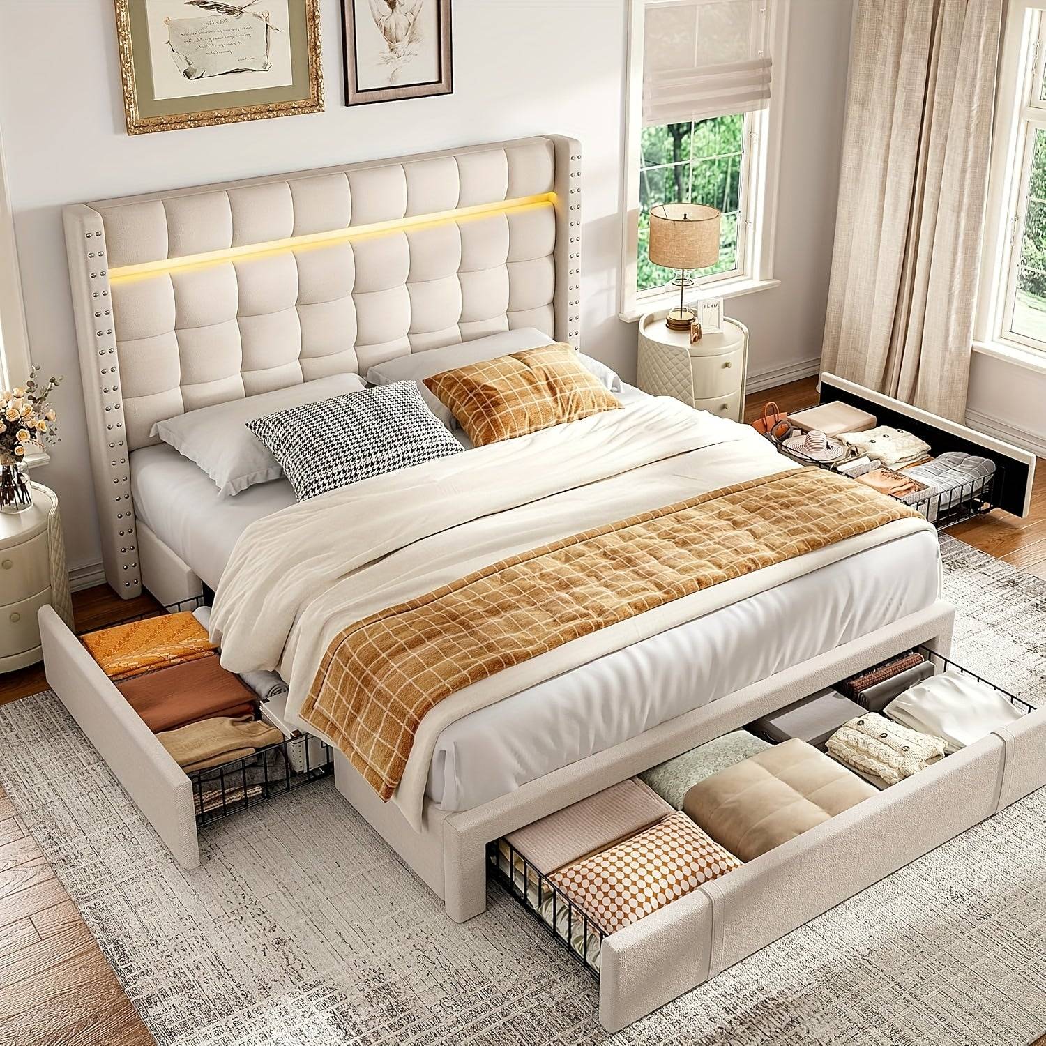 Modern Adjustable Bed with Soft Upholstered Headboard and Colorful Nightstand, Hardwood & Metal Frame, Plug-In Power, Easy Assembly