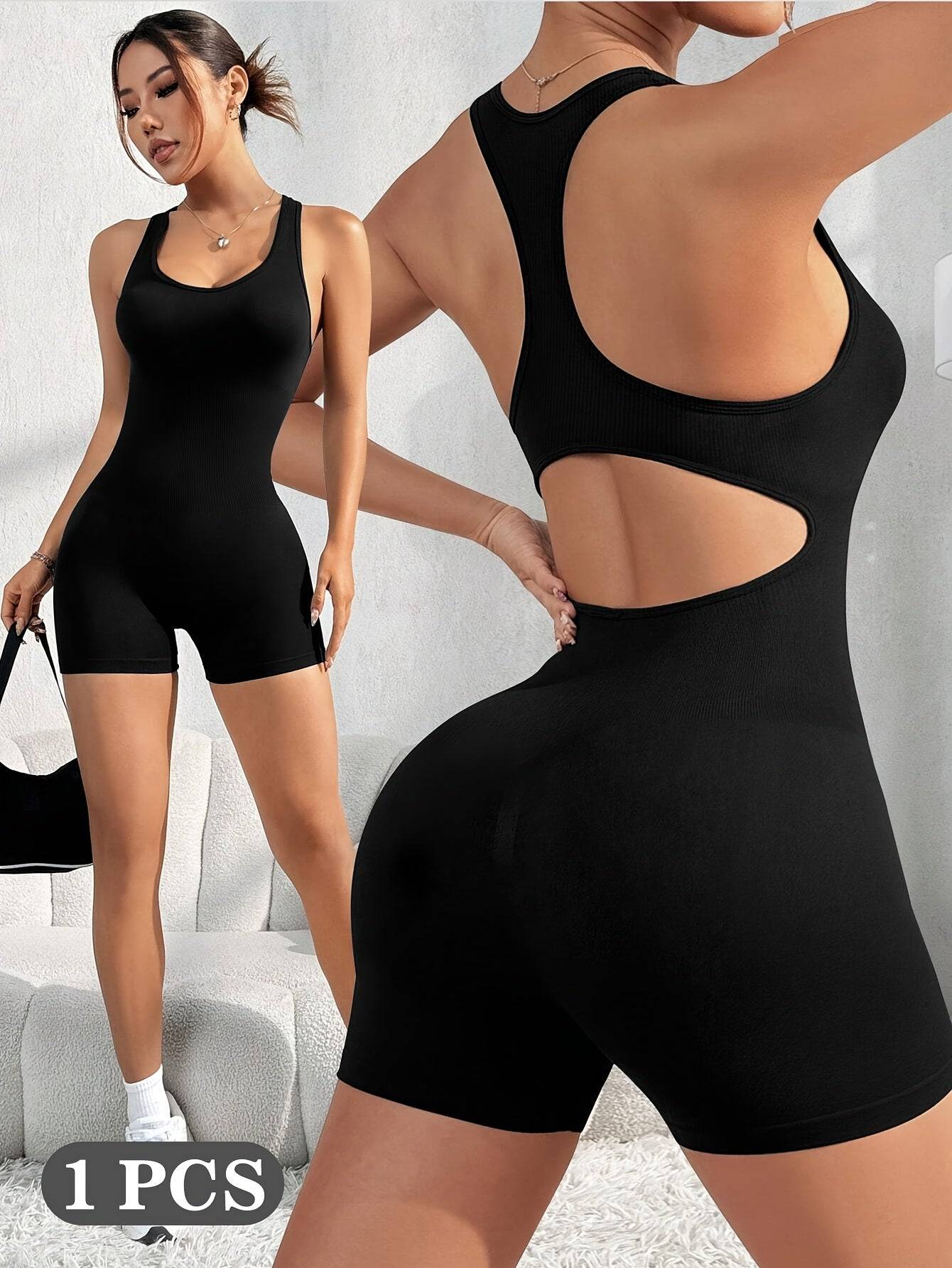 Women’s One-Piece Compression Romper – Sleeveless Backless Jumpsuit with Padded Bust & Ruched Back, Medium-Stretch Fabric for Beachwear & Casual Wear