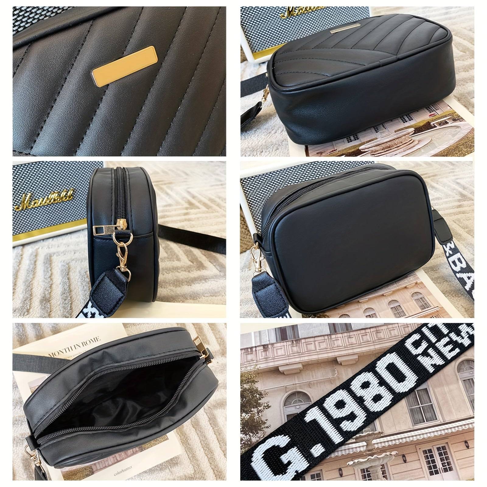 Women’s Quilted Crossbody Bag, Compact Shoulder Purse with Adjustable Strap, Black & White with Gold Plaque