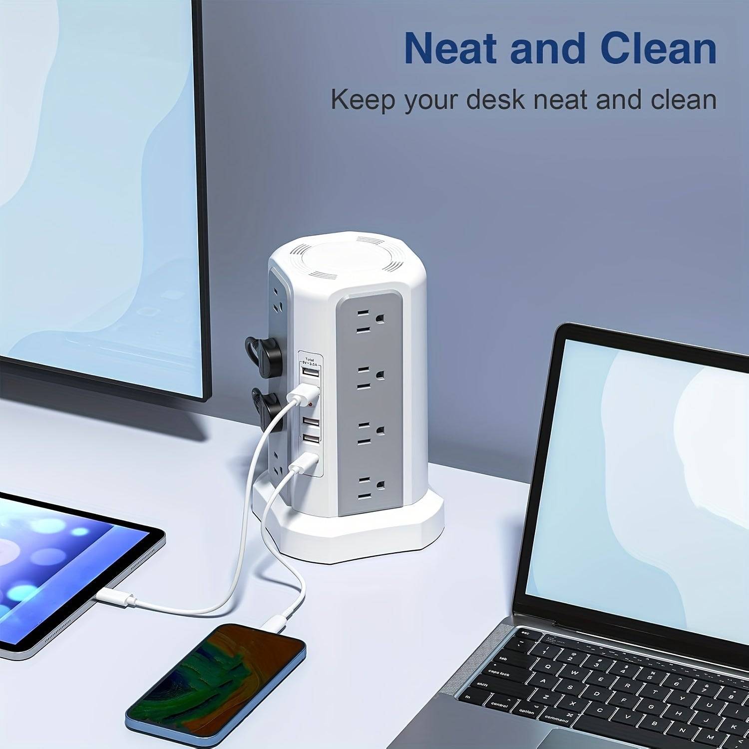 Power Strip Tower with 16 AC Outlets & 5 USB Ports Flat Plug Design with USB-C Surge Protector Extension Hub