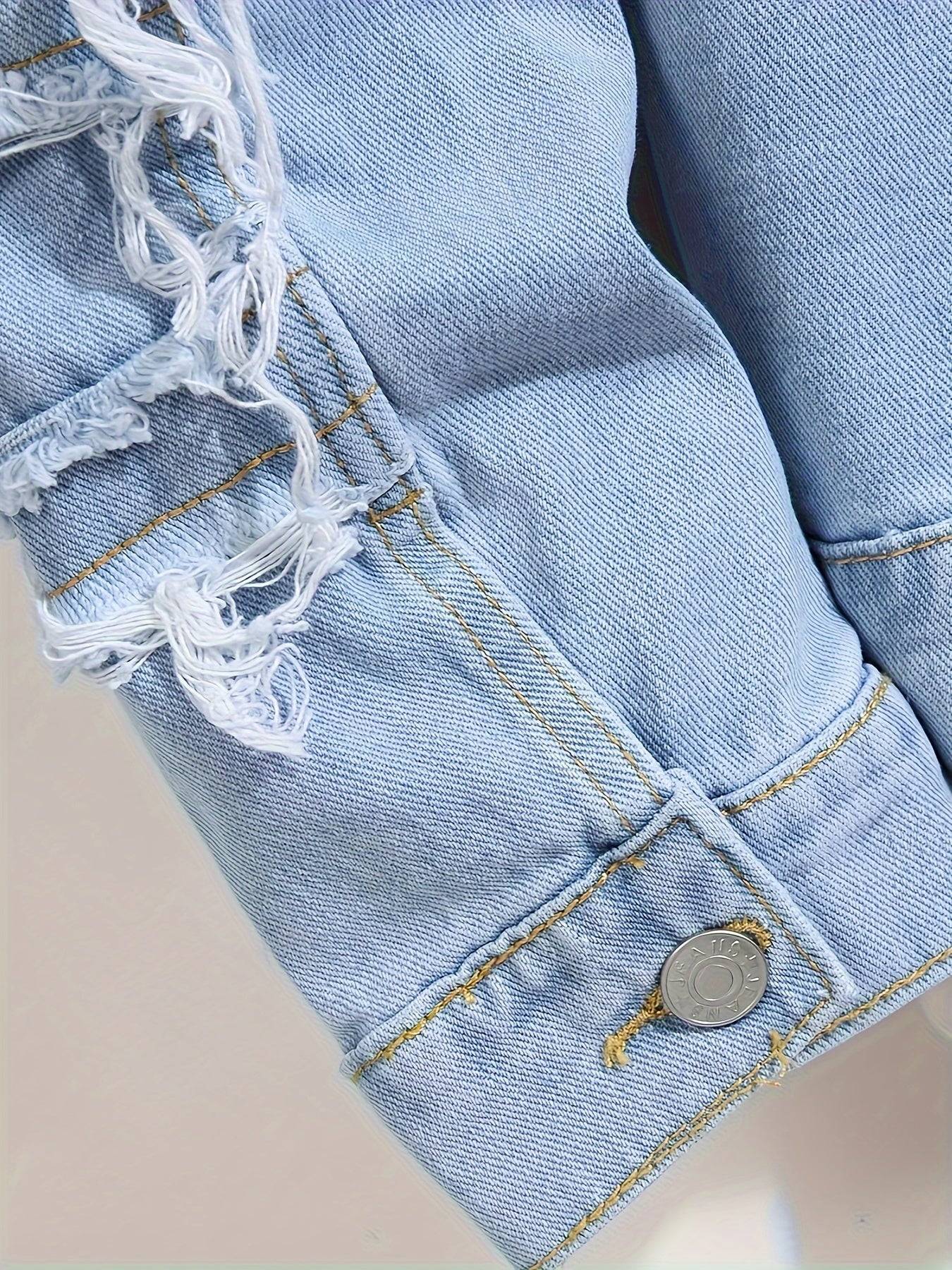 Men’s Ripped Denim Jacket Slim Fit Blue Jean Outerwear Casual Streetwear Coat