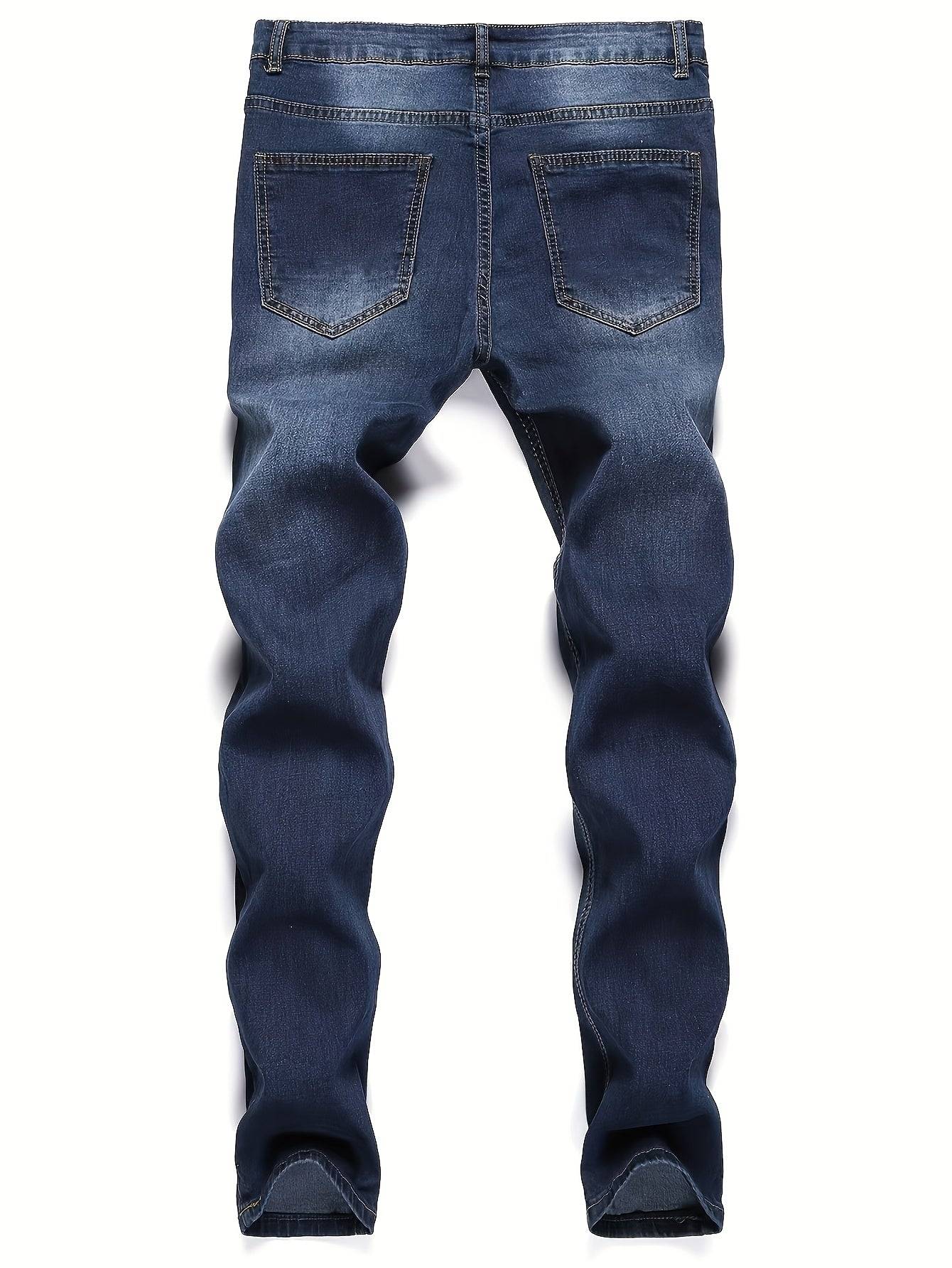 Men’s Slim Fit Stretch Jeans Ripped Old Blue Denim Casual All-Season Trousers