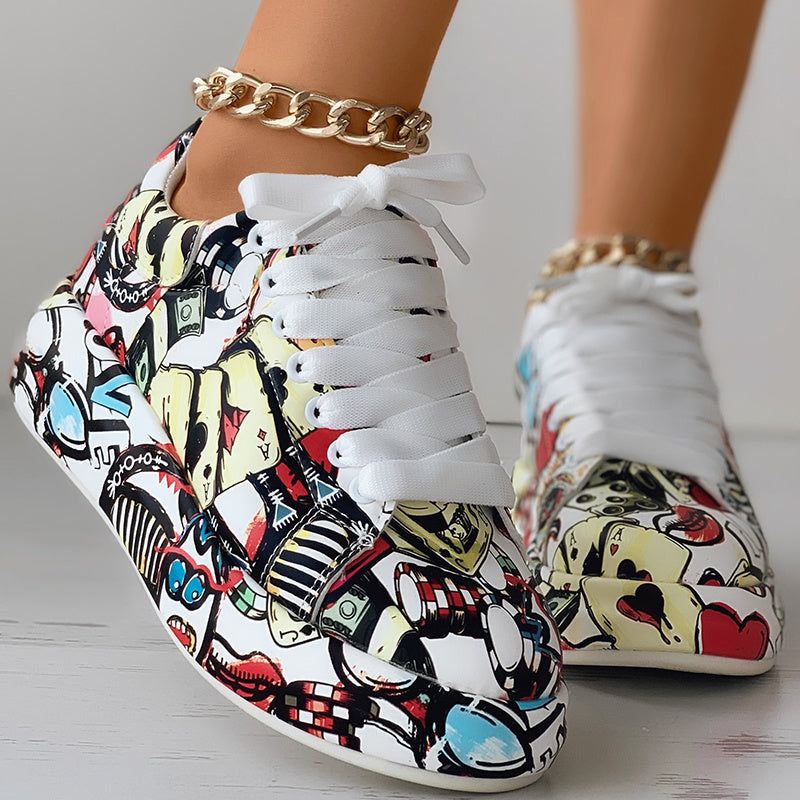 Casual Lace Up Sneakers with Thick Sole and Print Design