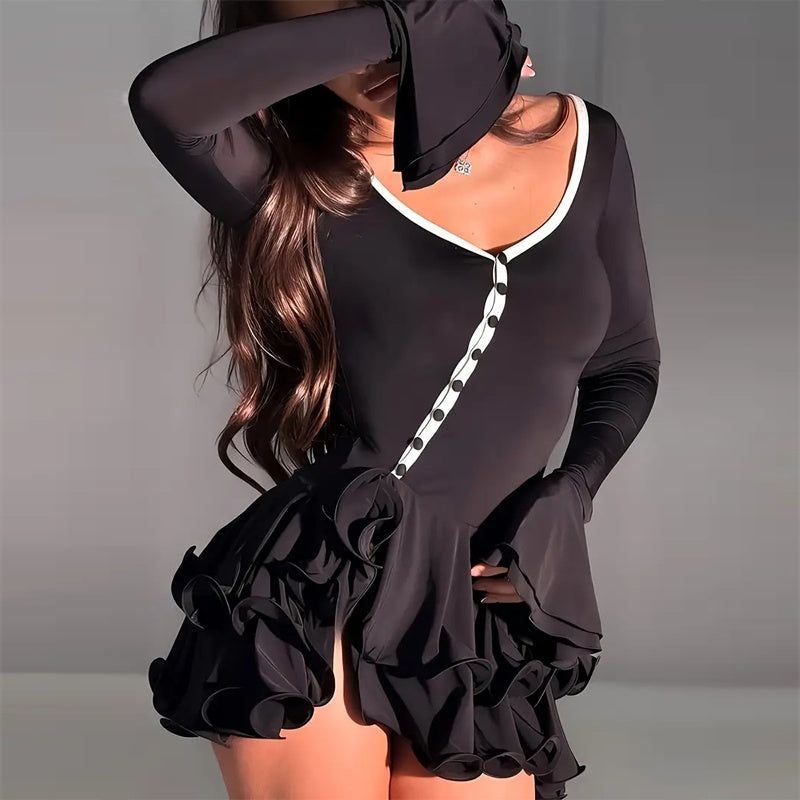 Womens Deep V Neck Bodycon Mini Dress with Flared Sleeves