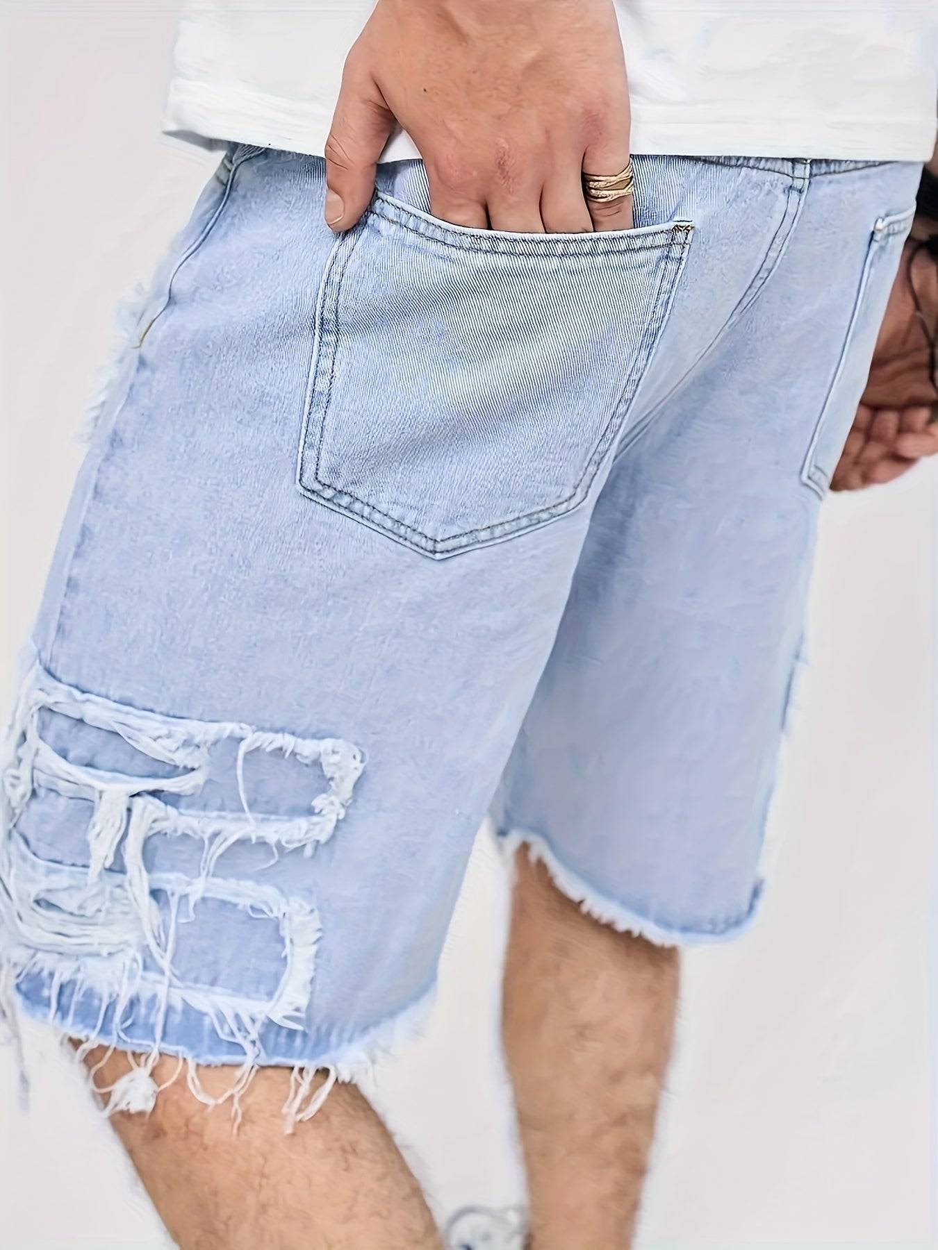 Men’s Summer Denim Shorts Distressed Ripped Design with Raw Hem Cotton Blend, Machine Washable
