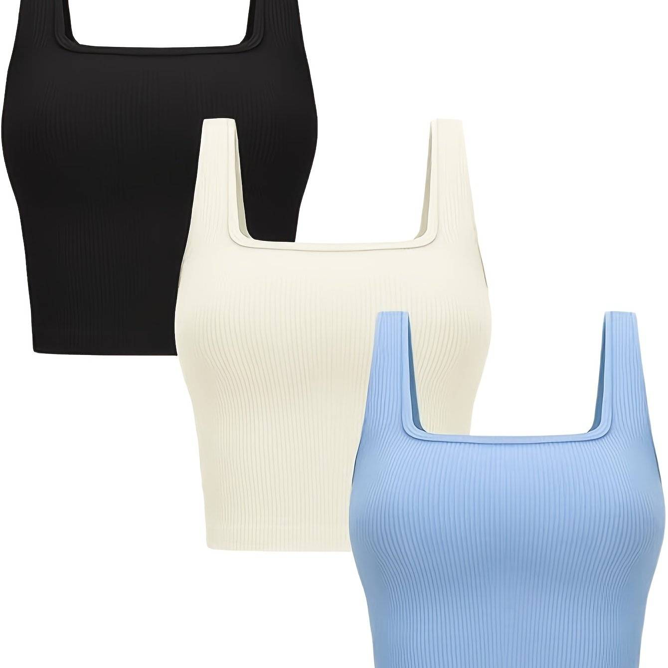 3-Pack Women’s Seamless Ribbed Crop Tank Tops, Square Neck Sleeveless Shirts in Solid Colors, Regular Fit for All-Season Casual Wear