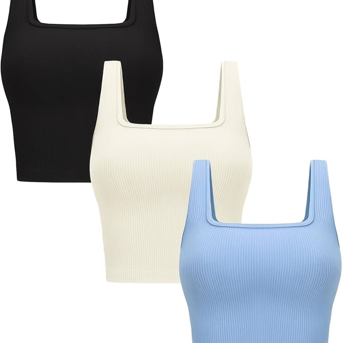 3-Pack Women’s Seamless Ribbed Crop Tank Tops, Square Neck Sleeveless Shirts in Solid Colors, Regular Fit for All-Season Casual Wear