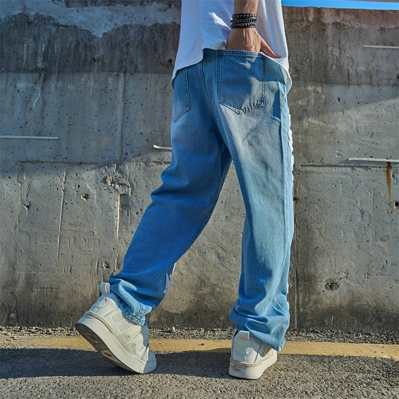 Men’s Loose Fit Jeans Light Blue Streetwear Style Straight-Leg Nonstretch Denim with Letter Print