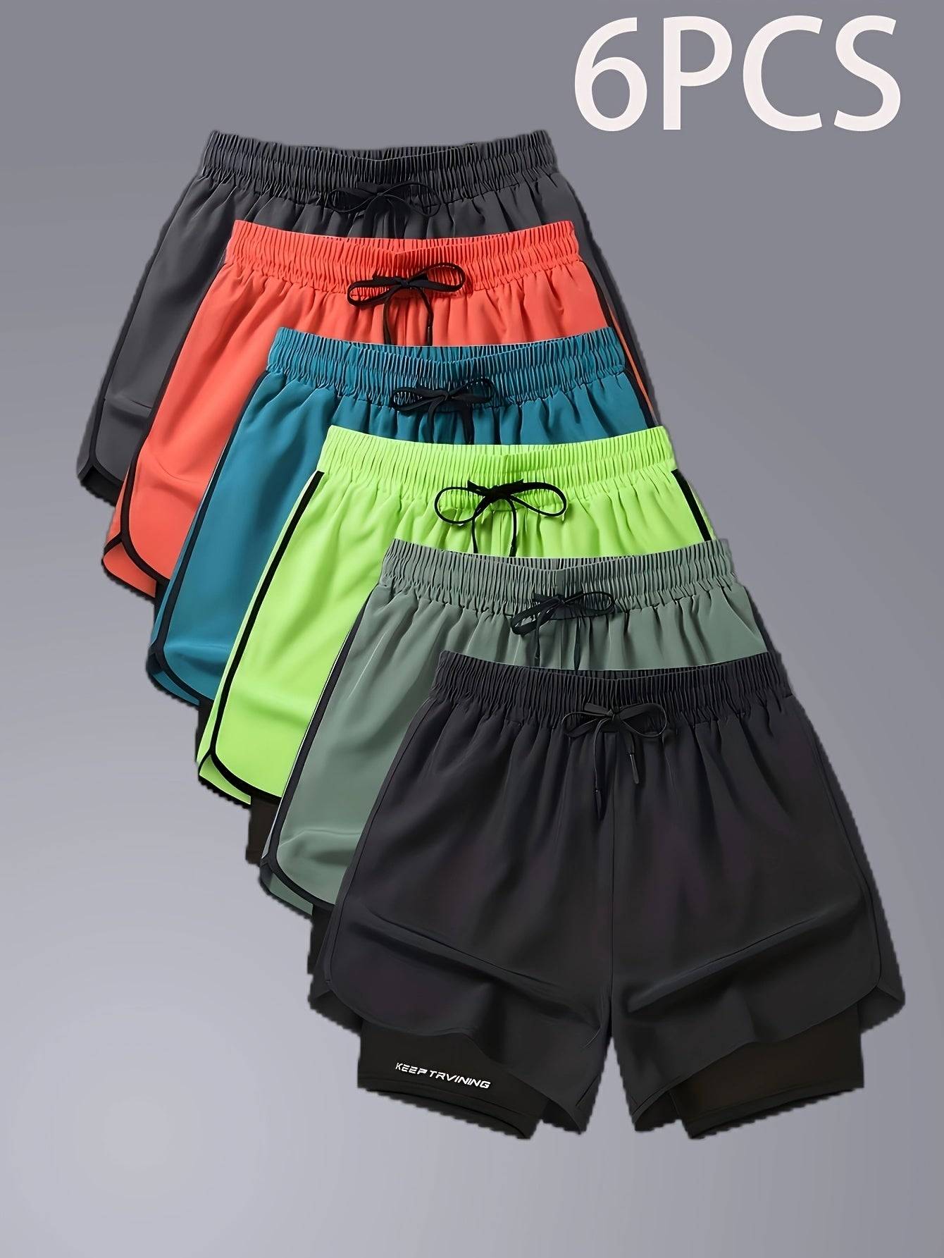 6pcs Men’s Summer Sports Shorts – Quick-Dry Running & Training Shorts with Inner Lining, 3/4 Length Two-in-One Design