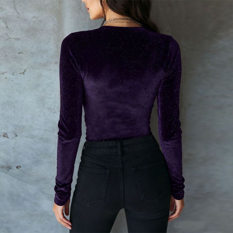 Blouse Velvet V Neck Long Sleeve Sequin Elegant Solid Top