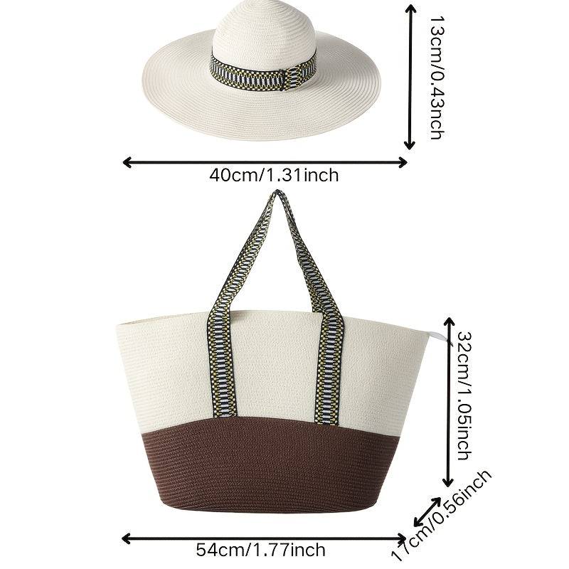 White and brown 2pcs Summer Travel Set with size dimensions for wide brim straw hat and large beach bag, essential for travel packing.