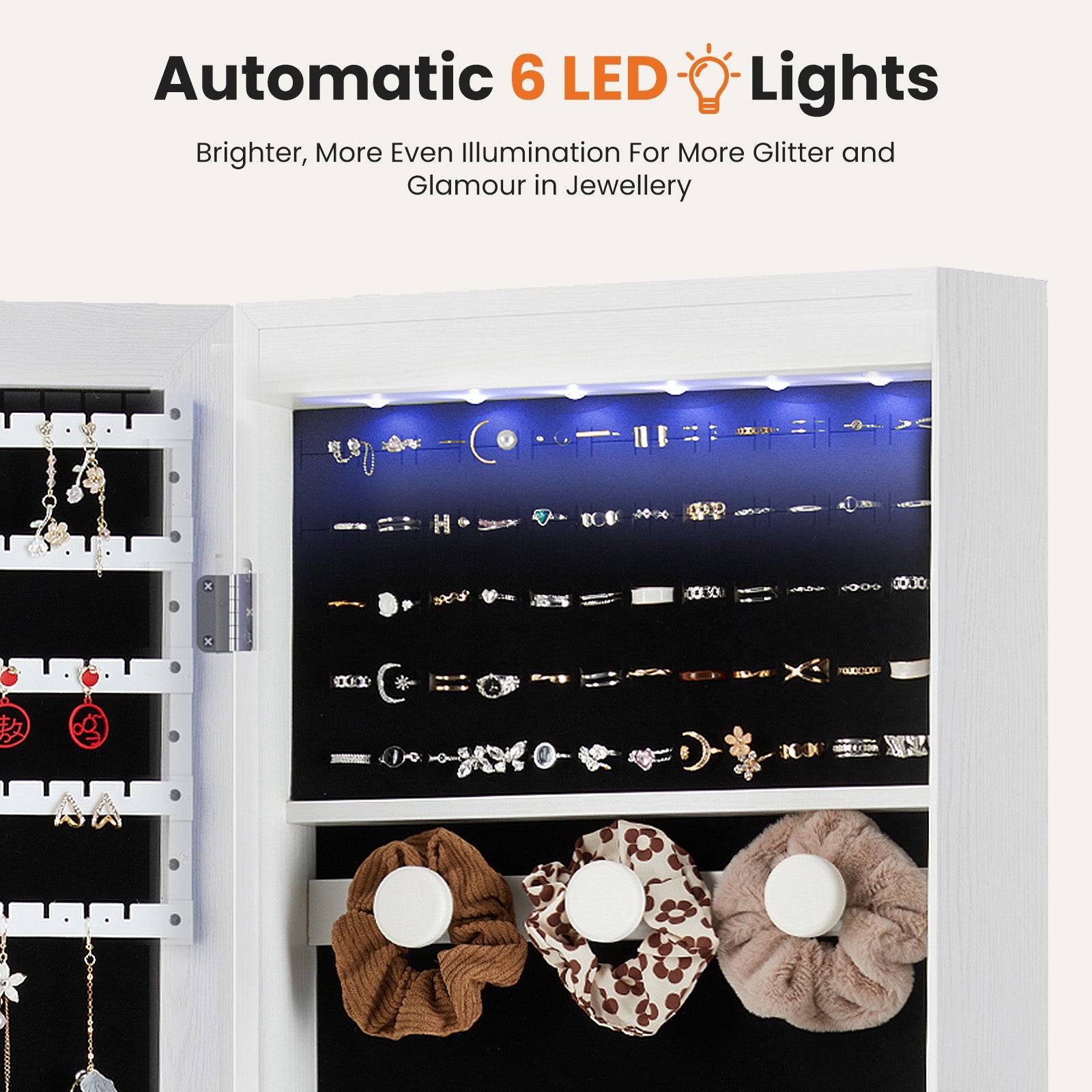 Wall Mounted Jewelry Armoire with Mirror and LED Lights