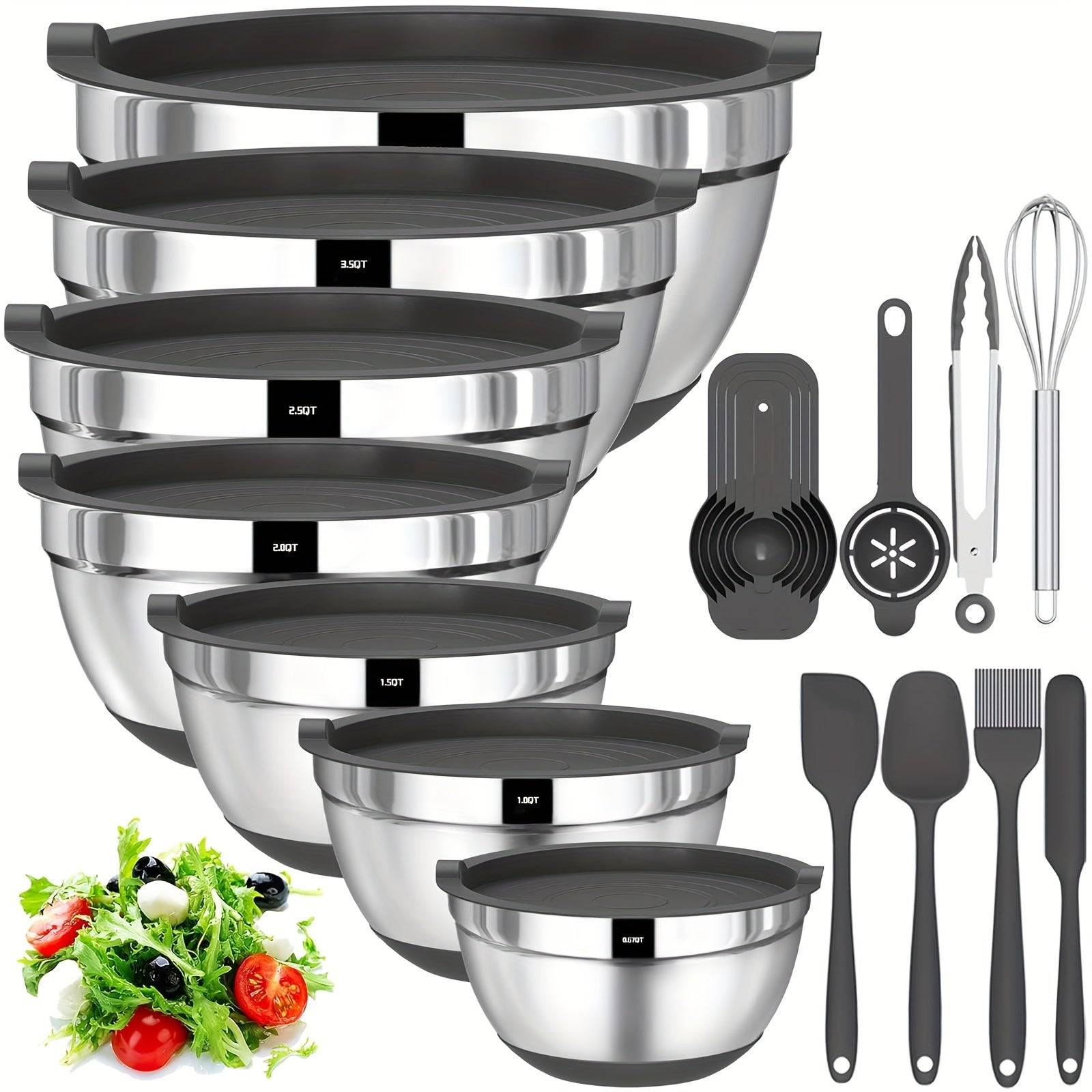 20pcs Stainless Steel Mixing Bowls Set with Lids Non-Slip Silicone Base Multiple Sizes for Baking, Serving & Prep