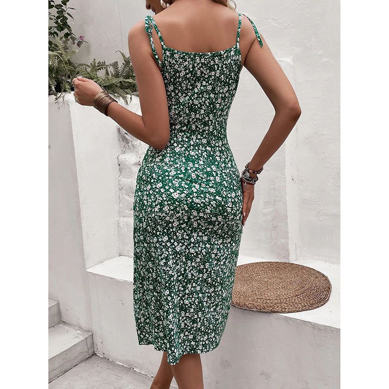 Womens Boho Floral Midi Dress With Tie Shoulders And Split