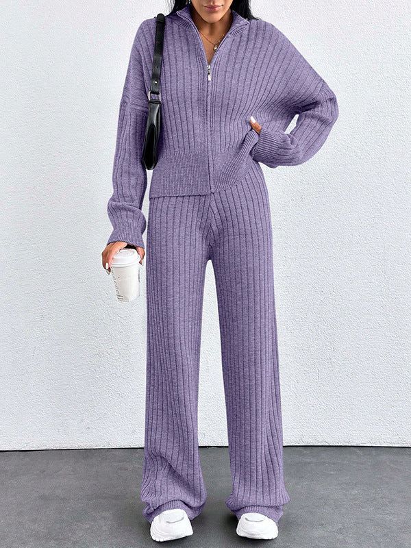 Women's Casual Two-Piece Set for Fall and Winter, Loose Fit Zip-Up Top and Pants
